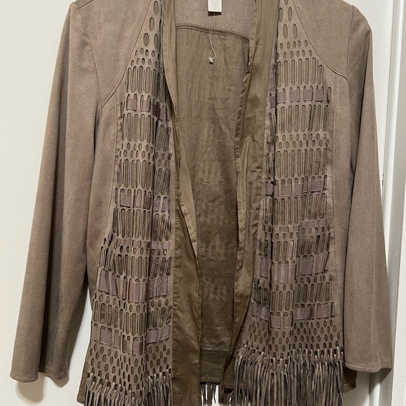 Chico’s Faux Suede Fringe Jacket, Countess Taupe, Size 1 (M-8). - Picture 5 of 8